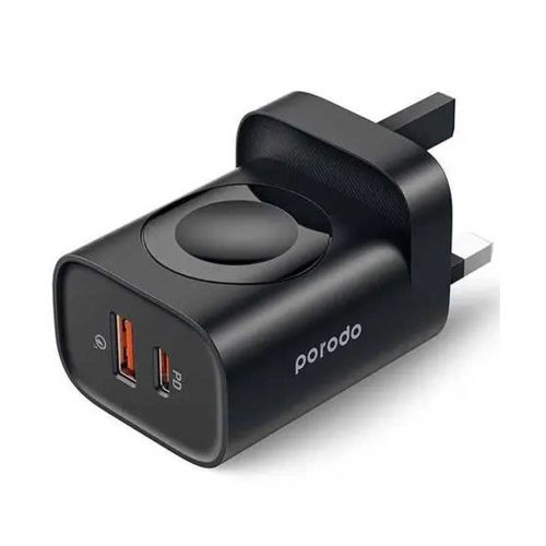 Porodo Dual Port Multi Device Wall Charger with Integrated Watch Charger - Black